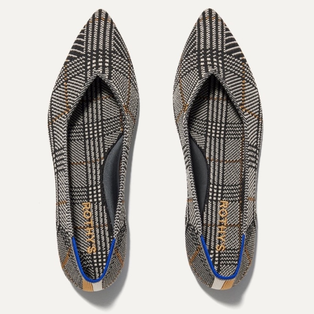 Rothy's Black and Cream Plaid Pointed-Toe Flats - 9